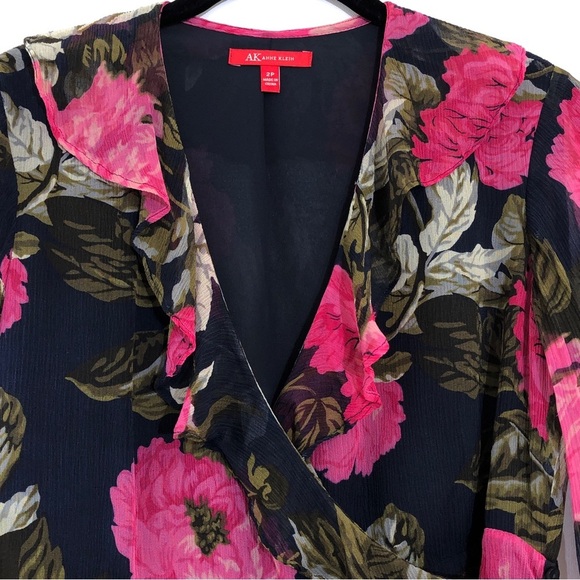 Anne Klein AK 100% Silk Black Pink Floral Long Sleeve Ruffle Button Blouse Top - Picture 5 of 8